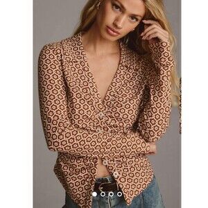 Anthropologie Maeve Ruched Shirt Brown Retro Geometric Print XL